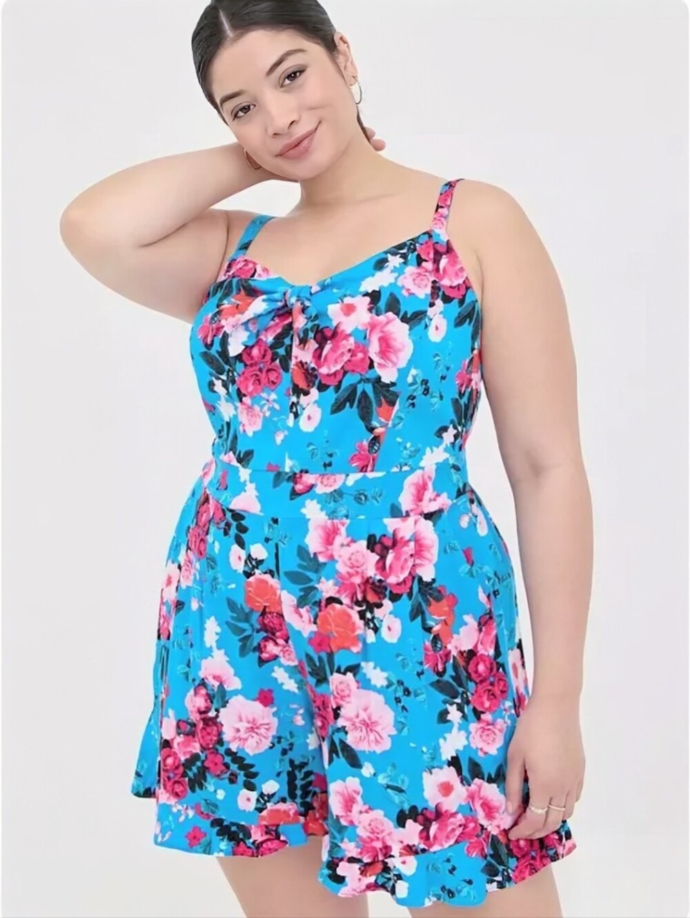 Torrid Bright Blue Floral Romper With Ruffle Hem, Tye Front & Adjustable Straps